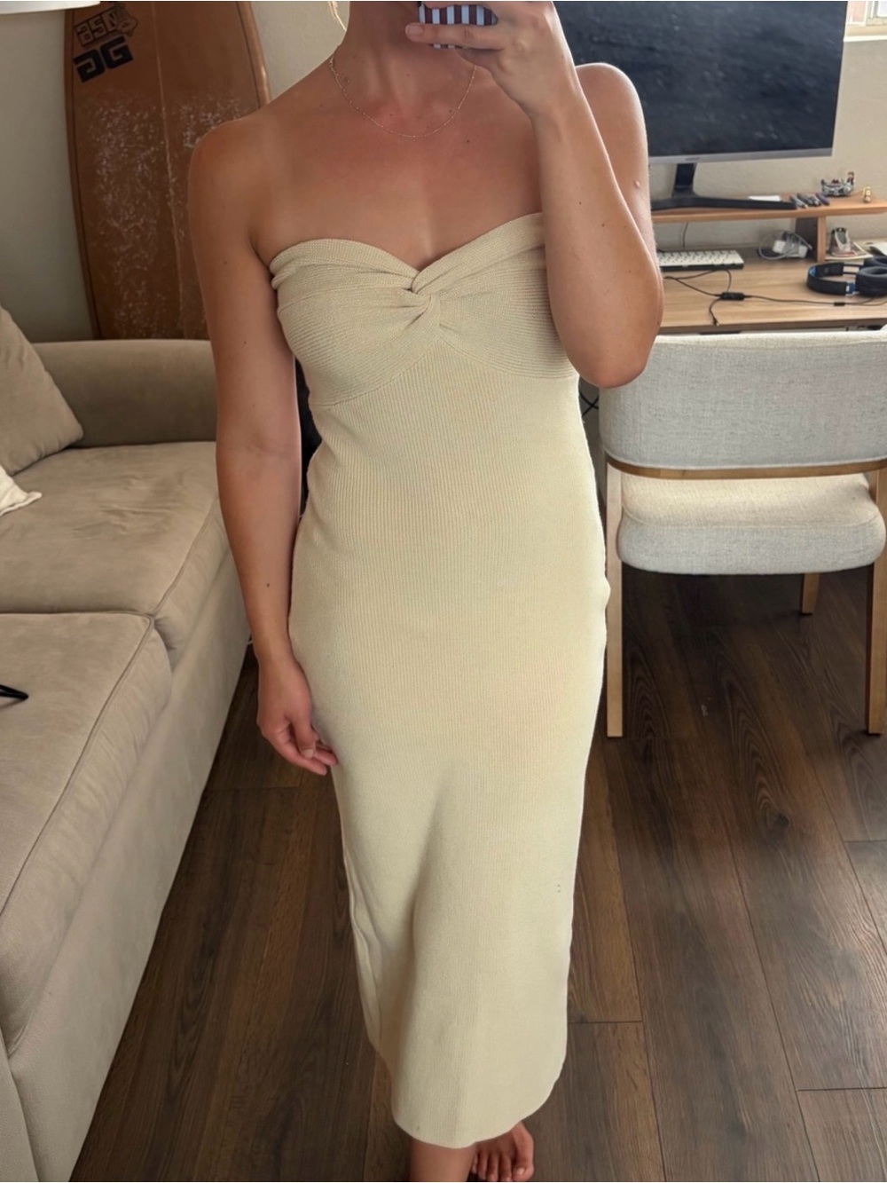 Strapless Twist Front Ribbed Knit Maxi Dress Cream